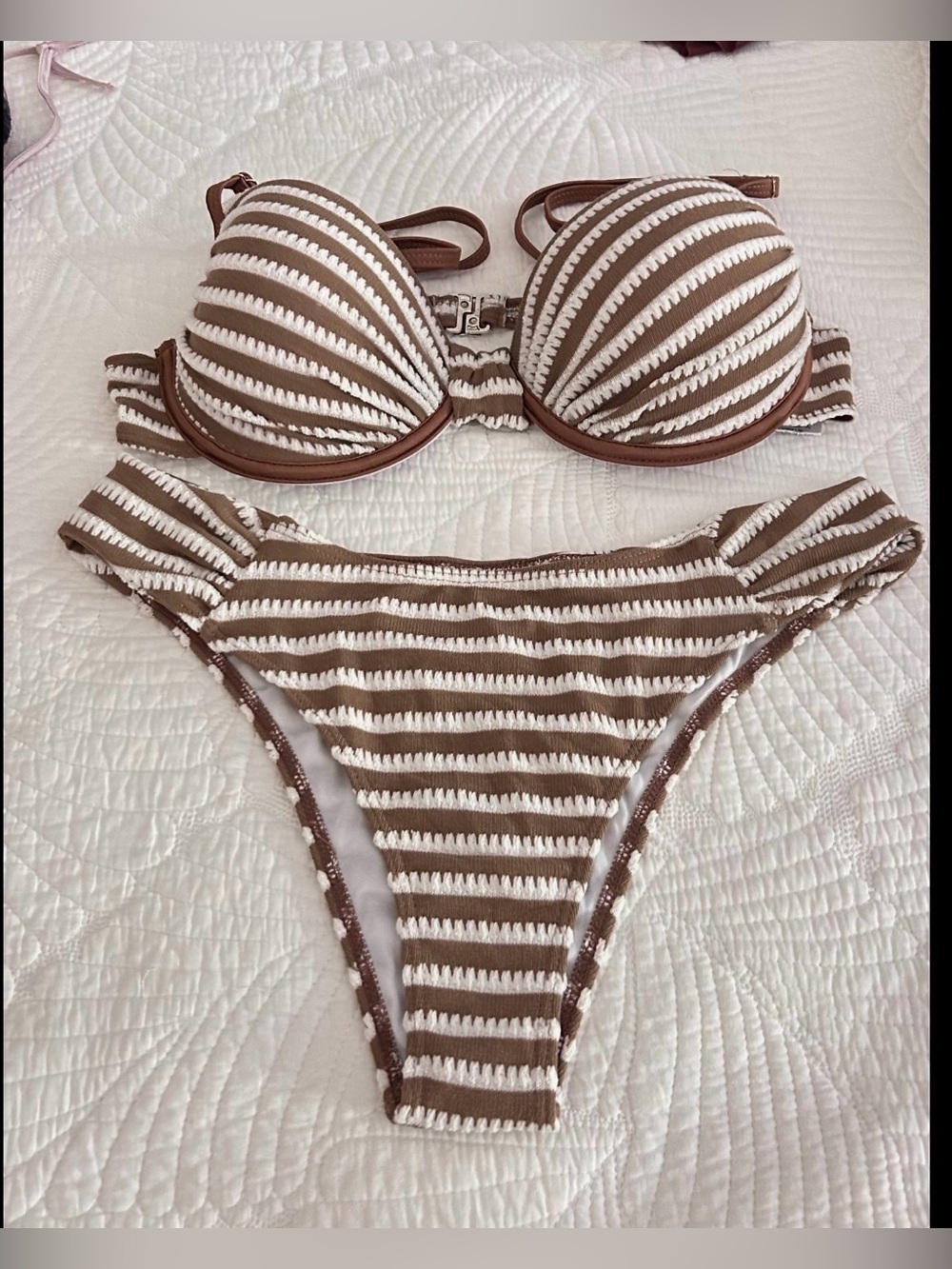 Striped Padded Bikini set in Brown and beige